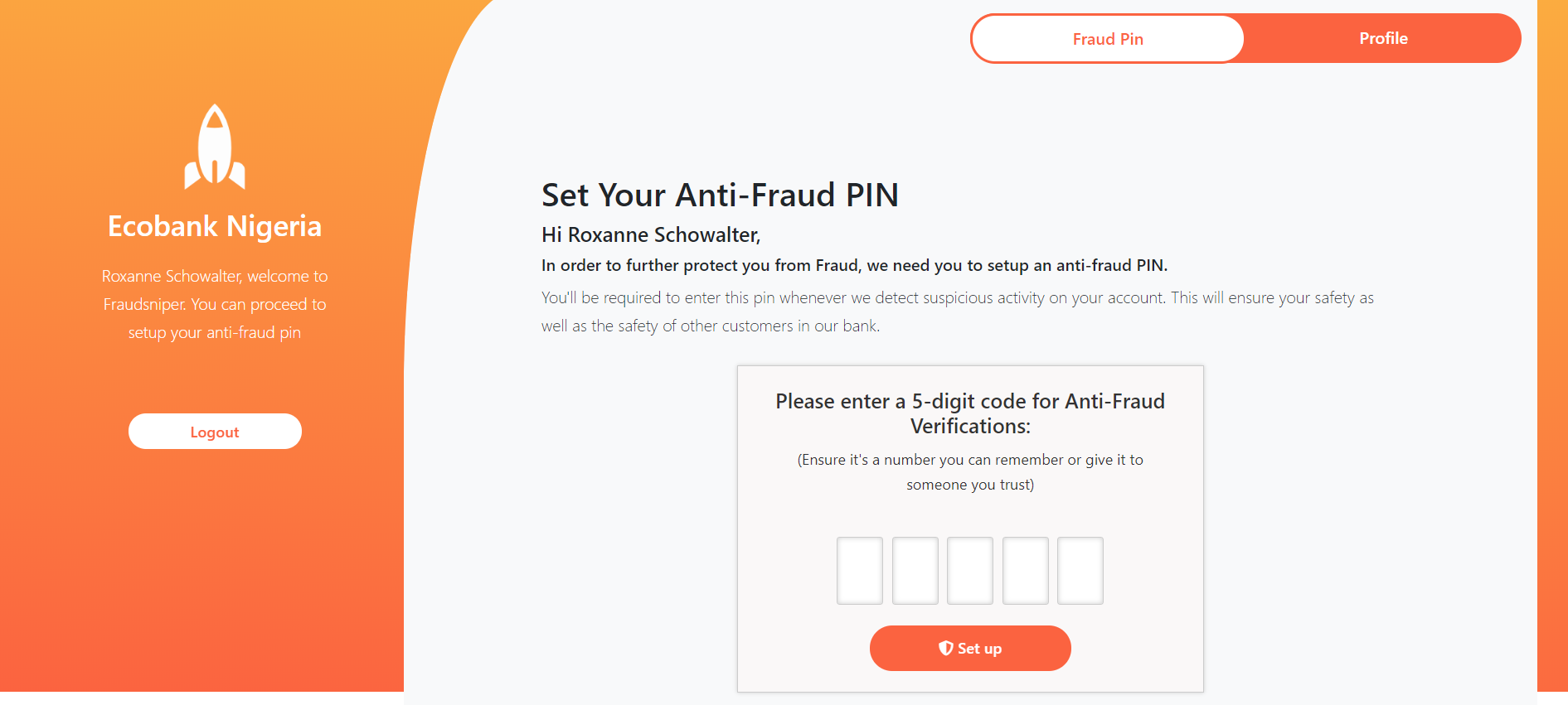 Anti Fraud Pin Setup Interface Anti Fraud Pin Setup